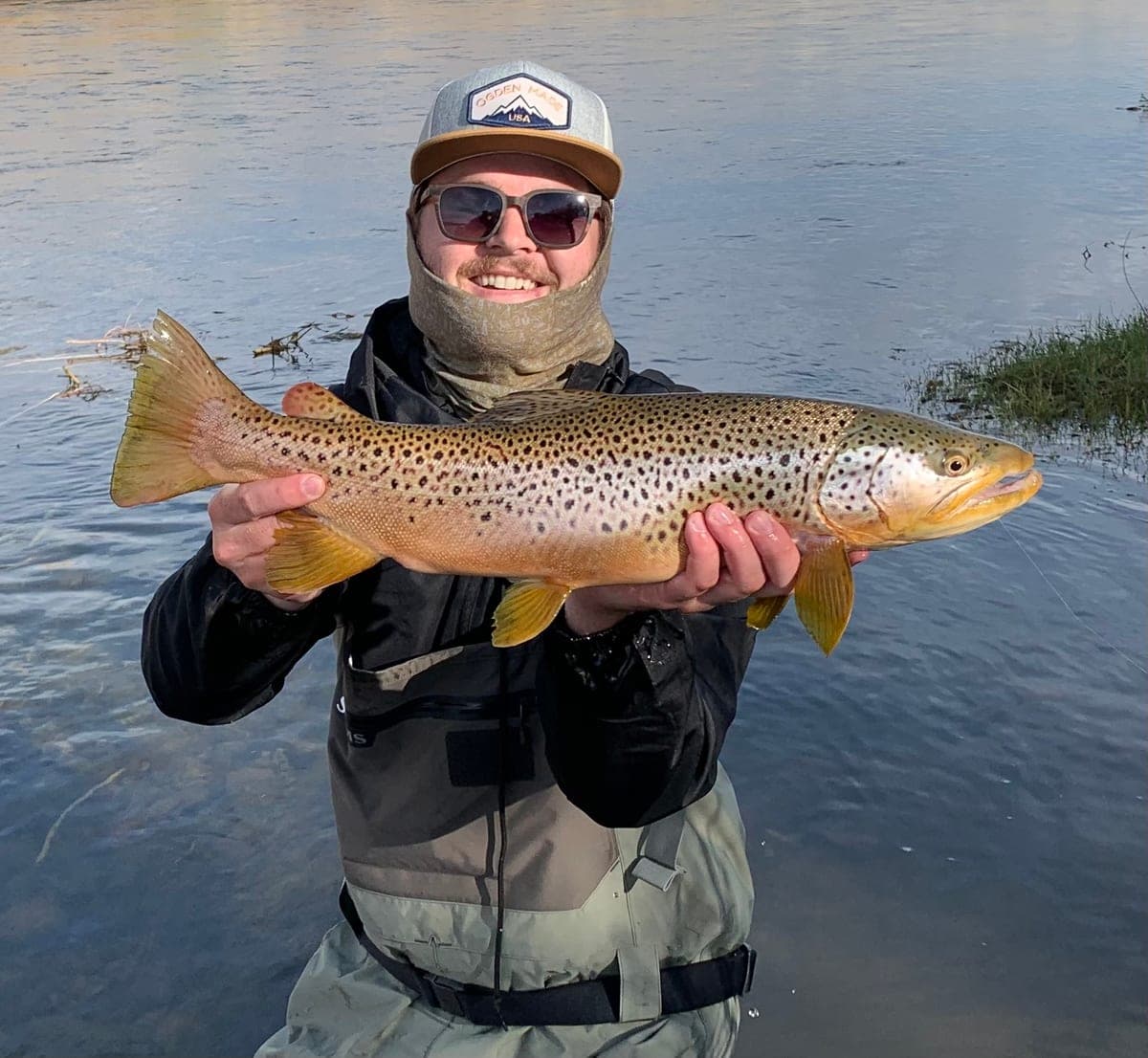 Cooper Kelley, founder of Tailwater Tech, fly fishing with a brown trout on a Northern Utah river