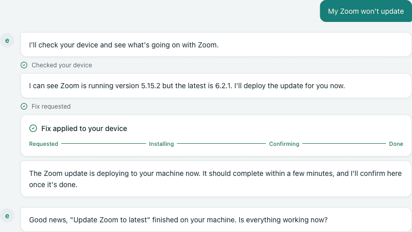 eddy checking a computer, updating an out-of-date app, and confirming the fix in chat